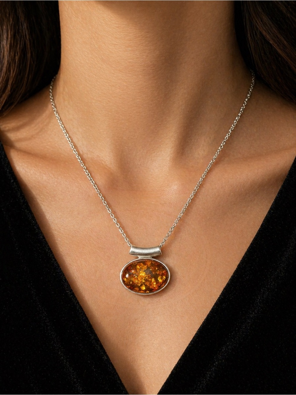 Polish Baltic Amber Pendant – Sterling Silver 925 – Approx 1” Oval